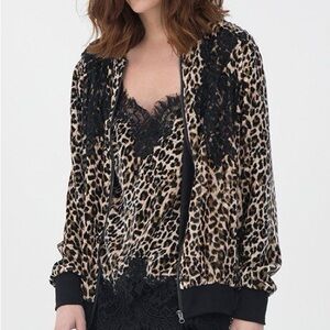 Gold Hawk Silk Velvet Leopard Print Light Supple Soft Bomber Jacket, NWT, M